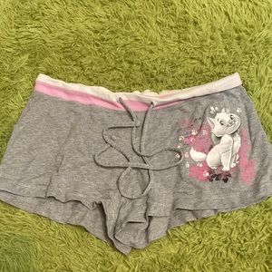 gray and pink pajama shorts with a cute cat on the side